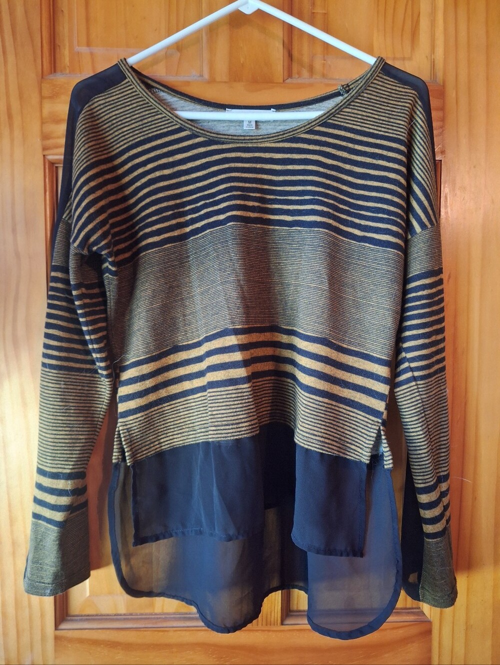 Double Zero Black and Gold Striped Knit Top with Sheer Hem